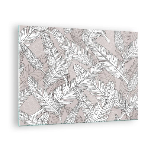 Impression sur verre - Image sur verre - Feuilles noires et blanches sur fond beige dans un style graphique - 70x50cm - Un tourbillon de plumes - Décoration murale moderne pour le salon et la chambre ARTTOR