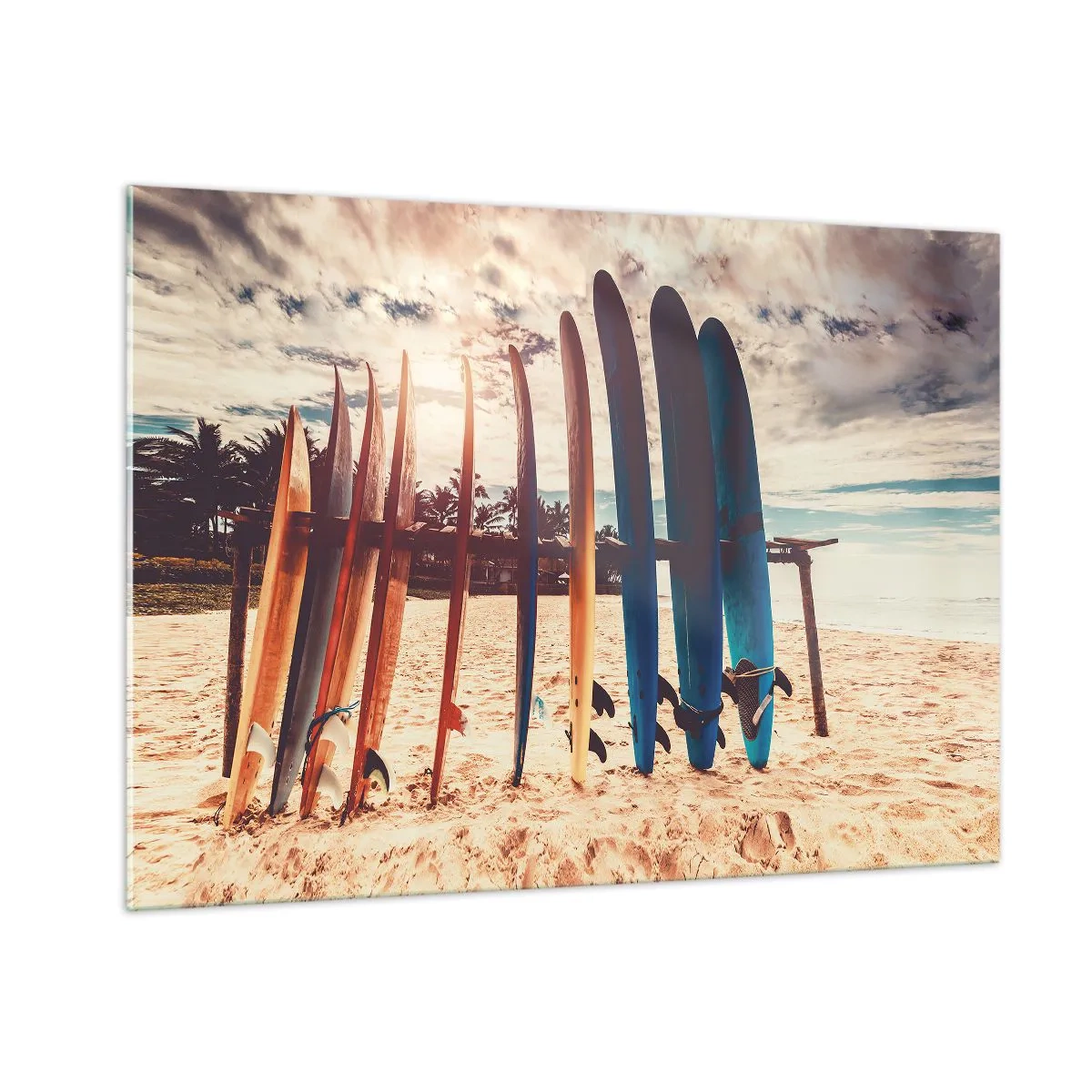 Impression sur verre - Image sur verre - Planches de surf colorées alignées sur la plage au coucher du soleil - 100x70cm - Bonne nuit, à demain - Décoration murale moderne pour le salon et la chambre ARTTOR
