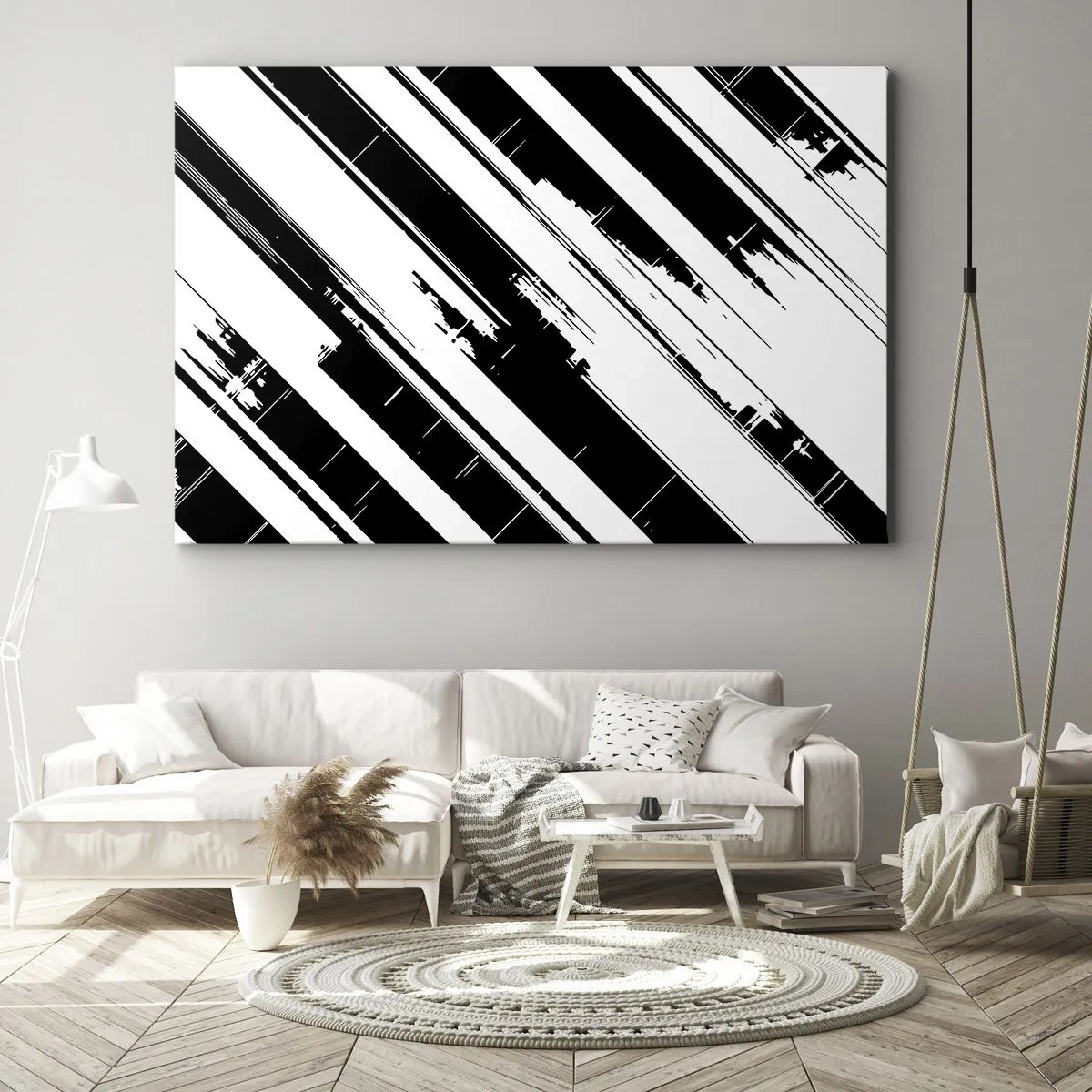 Impression sur toile - Image sur toile - Lignes noires et blanches et motifs géométriques dans un style moderne - 100x70cm - Une composition intense et dynamique - Décoration murale moderne pour le salon et la chambre ARTTOR