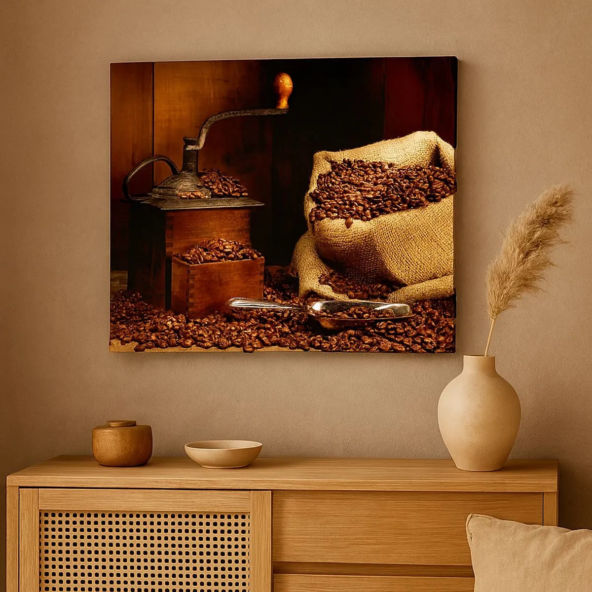 Impression sur toile - Image sur toile - Un vieux moulin à café avec des grains et un sac dans un style rustique. - 70x50cm - Nature morte avec grains de café et moulin - Décoration murale moderne pour le salon et la chambre ARTTOR