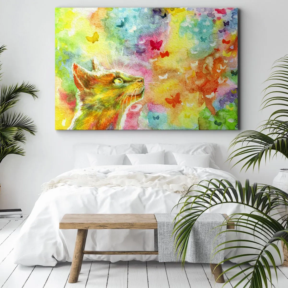 Impression sur toile - Image sur toile - Un chat entouré de papillons colorés - 70x50cm - Bayou-bayou au paradis des chats - Décoration murale moderne pour le salon et la chambre ARTTOR