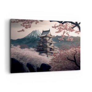 Impression sur toile - Image sur toile - Un temple japonais entouré de cerisiers en fleurs et de montagnes - 120x80cm - Le pays des cerisiers en fleurs - Décoration murale moderne pour le salon et la chambre ARTTOR