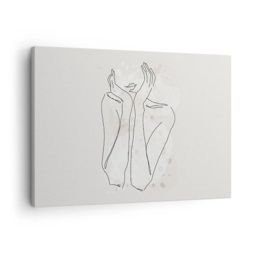 Impression sur toile - Image sur toile - Ligne de contour montrant les mains d'une femme sur un fond clair - 70x50cm - Instant de rêve - Décoration murale moderne pour le salon et la chambre ARTTOR