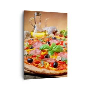 Impression sur toile - Image sur toile - Pizza appétissante sur une table en bois avec garnitures - 50x70cm - Avec une vraie saveur italienne - Décoration murale moderne pour le salon et la chambre ARTTOR