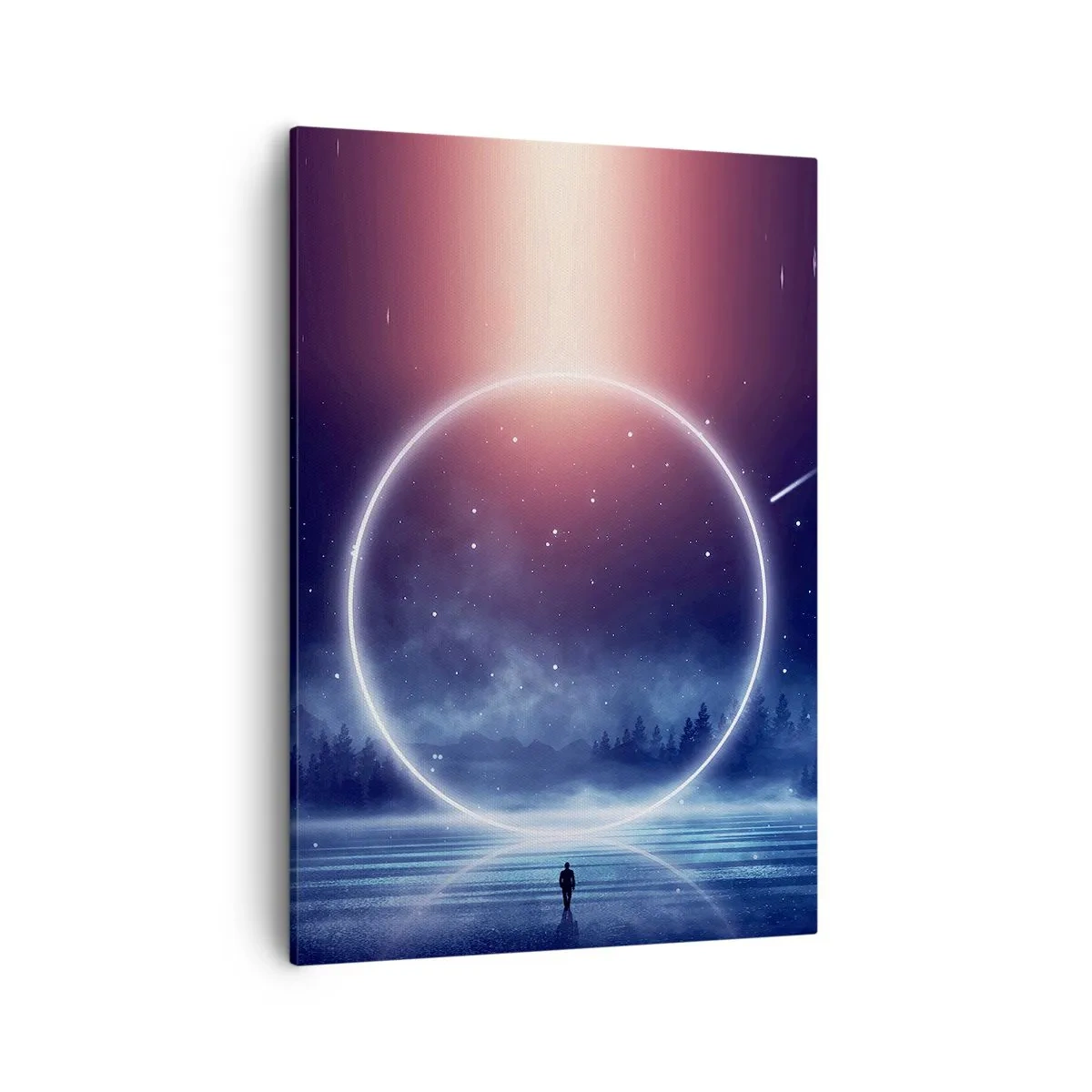 Impression sur toile - Image sur toile - Un paysage magique avec une silhouette et un cercle de lumière la nuit - 50x70cm - Ils sont déjà là... - Décoration murale moderne pour le salon et la chambre ARTTOR