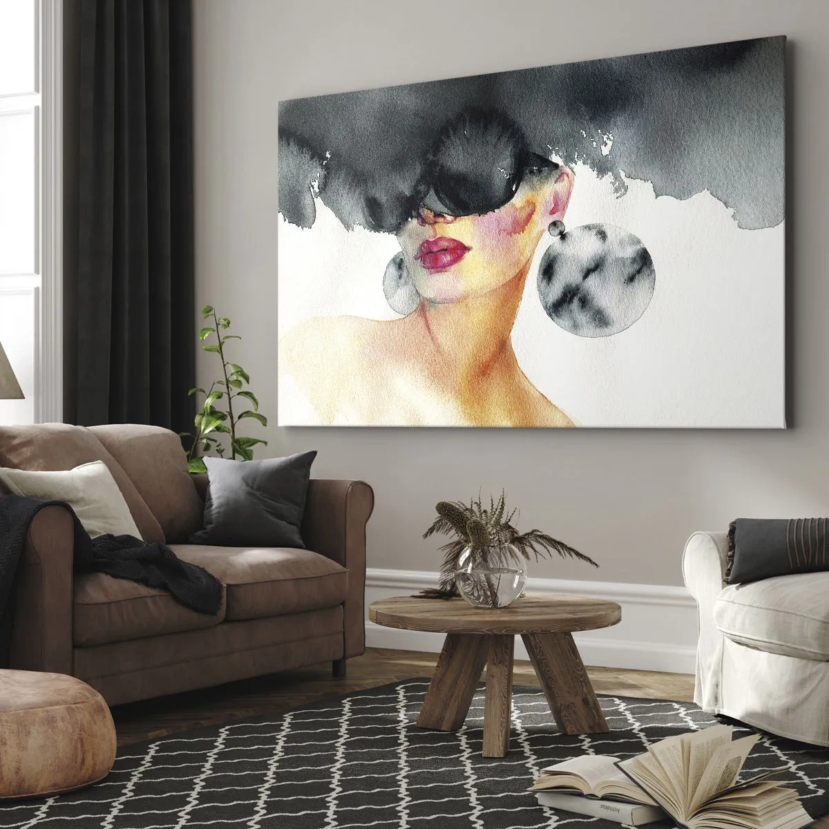 Impression sur toile - Image sur toile - Une femme portant des lunettes élégantes et de grandes boucles d'oreilles - 70x50cm - Secret de l'élégance - Décoration murale moderne pour le salon et la chambre ARTTOR