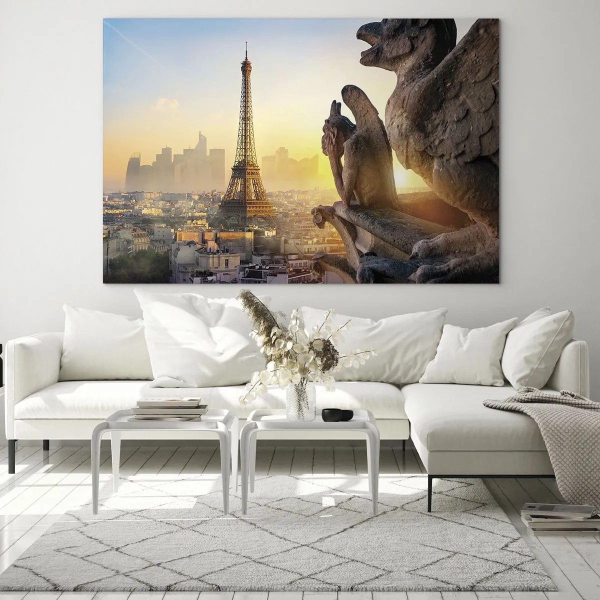 Impression sur verre - Image sur verre - La Tour Eiffel dans le brouillard matinal, avec vue sur Paris et sculptures gothiques - 70x50cm - Tellement de choses ont changés... - Décoration murale moderne pour le salon et la chambre ARTTOR