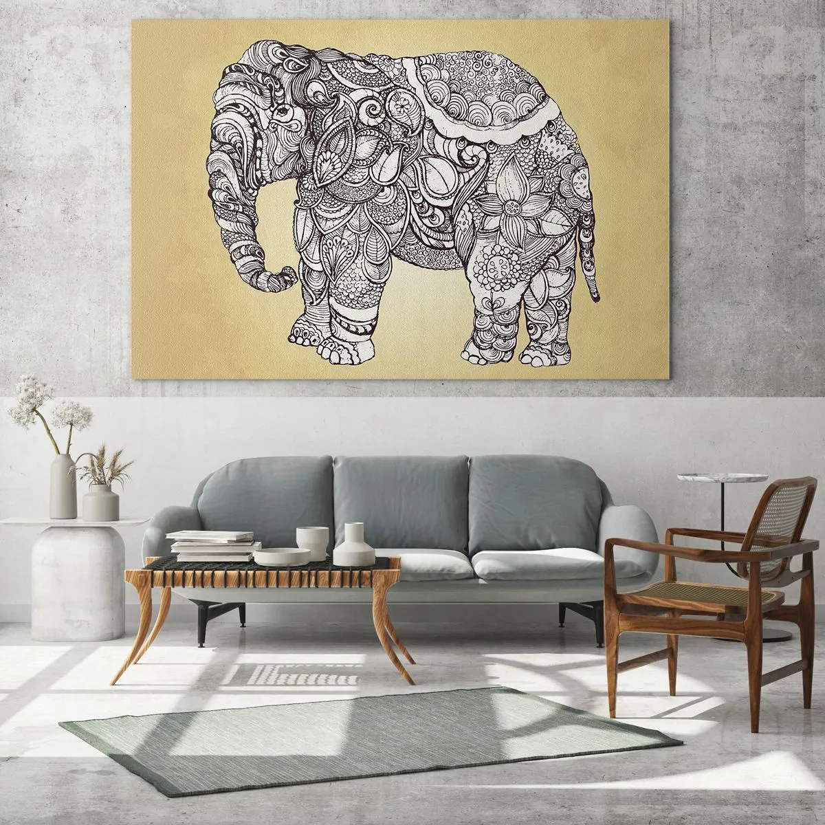 Impression sur verre - Image sur verre - Éléphant noir et blanc avec des motifs orientaux sur fond beige - 100x70cm - L'éléphant s'est apprêté - Décoration murale moderne pour le salon et la chambre ARTTOR