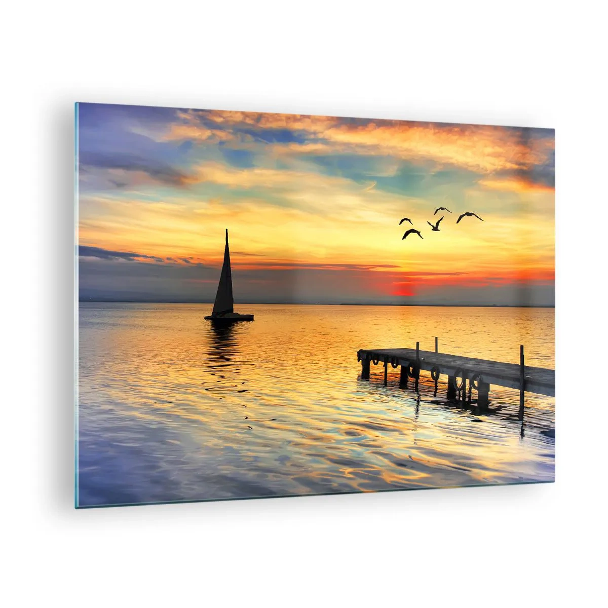 Impression sur verre - Image sur verre - Voilier et jetée au coucher du soleil sur un lac calme - 70x50cm - Le soir revient - Décoration murale moderne pour le salon et la chambre ARTTOR