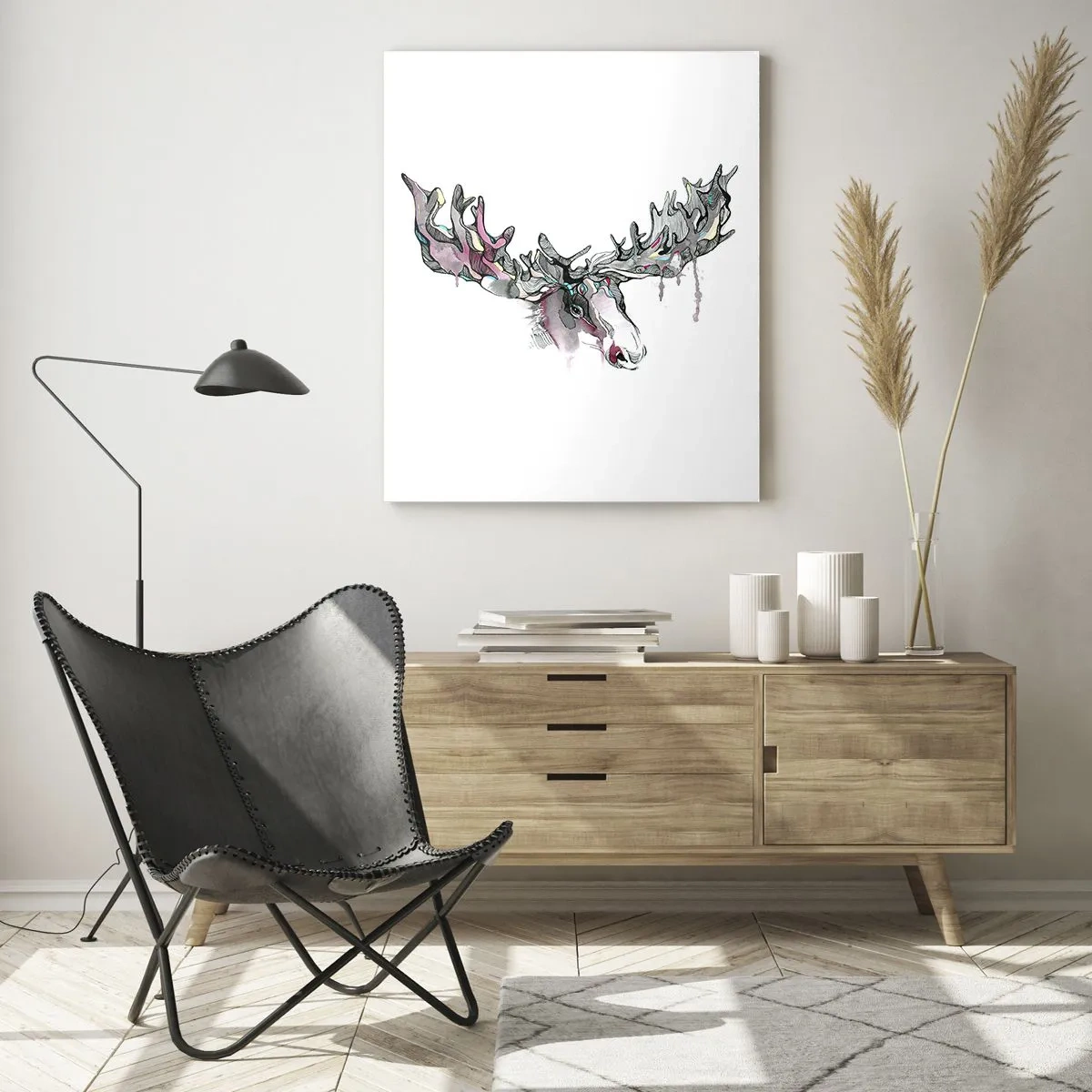 Impression sur verre - Image sur verre - Aquarelle artistique d'un élan aux bois riches - 80x120cm - Couronne du roi de la forêt - Décoration murale moderne pour le salon et la chambre ARTTOR