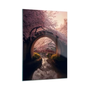 Impression sur verre - Image sur verre - Fleurs de cerisier et pont japonais vus à travers la porte ronde - 50x70cm - Printemps japonais - Décoration murale moderne pour le salon et la chambre ARTTOR