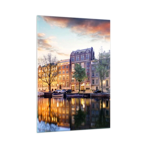 Impression sur verre - Image sur verre - Canal d'Amsterdam au coucher du soleil avec reflet dans l'eau - 50x70cm - Beauté hollandaise sobre et sereine - Décoration murale moderne pour le salon et la chambre ARTTOR
