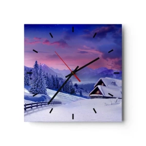 Horloge murale - Pendule murale - Paysage d'hiver avec chalets de montagne au coucher du soleil - 30x30cm - Douce nuit - Décoration murale moderne pour le salon et la chambre ARTTOR