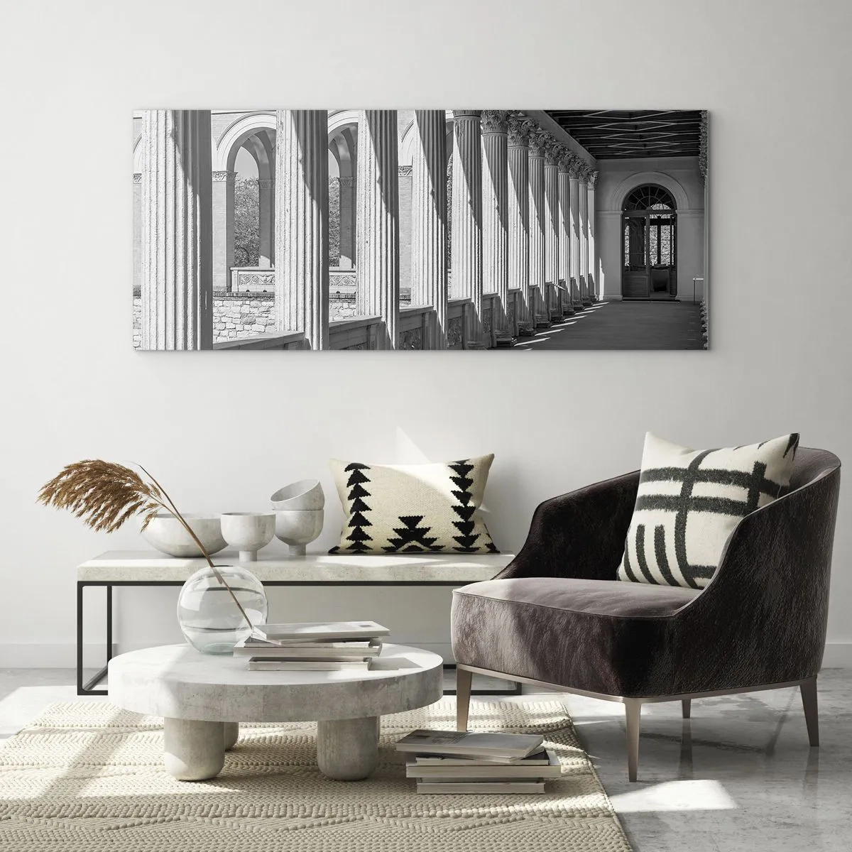 Impression sur verre - Image sur verre - Colonnade de style classique en noir et blanc - 140x50cm - Arcade ensoleillée - Décoration murale moderne pour le salon et la chambre ARTTOR