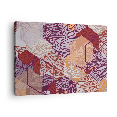 Impression sur toile - Image sur toile - Un motif décoratif de feuilles tropicales dans des tons de violet, d'orange et de beige. - 70x50cm - Relation impossible entre la géométrie et la nature