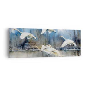 Impression sur toile - Image sur toile - Cygnes en vol au-dessus d'un lac gelé dans un paysage hivernal - 140x50cm - Comme dans un conte de fées sur les cygnes sauvages - Décoration murale moderne pour le salon et la chambre ARTTOR