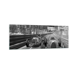 Impression sur verre - Image sur verre - Scène de course automobile rétro monochrome - 140x50cm - Il y a longtemps à Monté Carlo - Décoration murale moderne pour le salon et la chambre ARTTOR