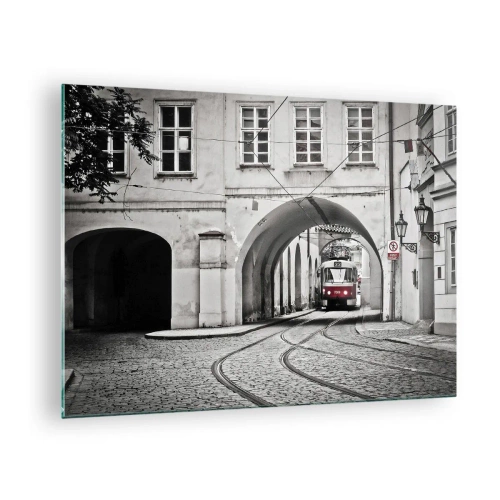 Impression sur verre - Image sur verre - Tramway noir et blanc dans une vieille rue - 70x50cm - Dans le labyrinthe de la ville - Décoration murale moderne pour le salon et la chambre ARTTOR