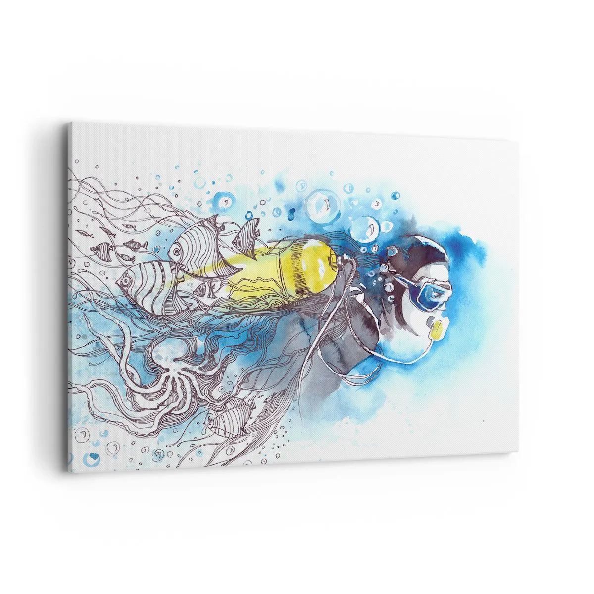 Impression sur toile - Image sur toile - Scène sous-marine avec un plongeur et des poissons exotiques - 100x70cm - Le grand bleu - Décoration murale moderne pour le salon et la chambre ARTTOR