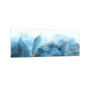 Impression sur verre - Image sur verre - Vagues abstraites dans des tons de bleu avec des accents dorés - 140x50cm - Bleu doré - Décoration murale moderne pour le salon et la chambre ARTTOR
