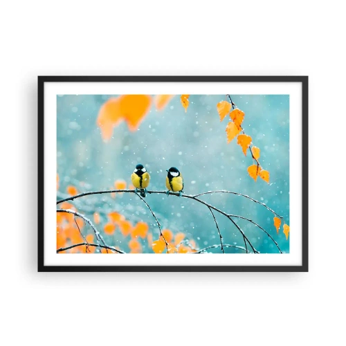 Affiche dans un cadre noir - Poster - Deux oiseaux sur une branche dans un décor hivernal avec des feuilles jaunes. - 70x50cm - Potins d'oiseaux - Décoration murale moderne pour le salon et la chambre ARTTOR
