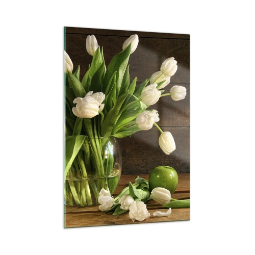 Impression sur verre - Image sur verre - Un vase de tulipes blanches et de pommes vertes sur une table en bois - 50x70cm - Juteux et frais en vert et blanc - Décoration murale moderne pour le salon et la chambre ARTTOR