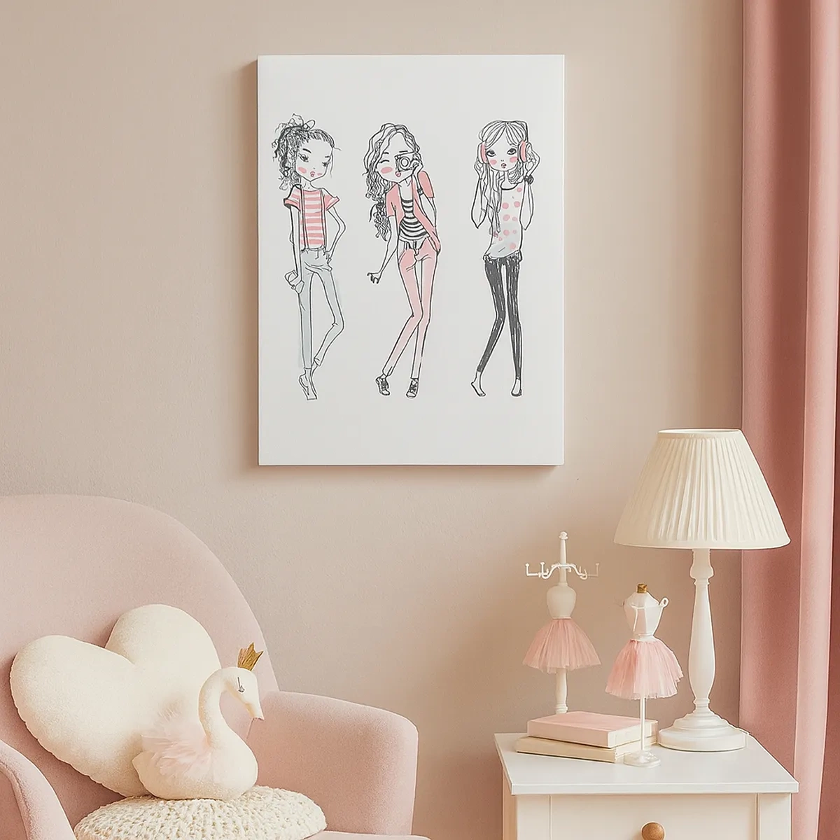 Impression sur toile - Image sur toile - Illustration de filles à la mode aux couleurs pastel - 50x70cm - On va s'amuser - Décoration murale moderne pour le salon et la chambre ARTTOR