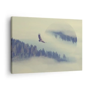 Impression sur toile - Image sur toile - Un aigle en vol sur fond de montagnes brumeuses avec un motif circulaire artistique - 70x50cm - J'ai vu l'ombre d'un aigle - Décoration murale moderne pour le salon et la chambre ARTTOR