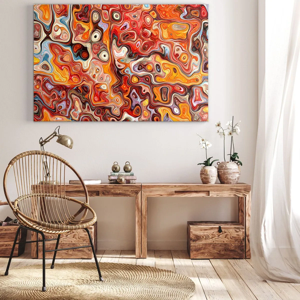 Impression sur toile - Image sur toile - Une composition abstraite dans des tons chauds de rouge, d'orange et de jaune. - 70x50cm - Si les noix fondaient dans du miel - Décoration murale moderne pour le salon et la chambre ARTTOR