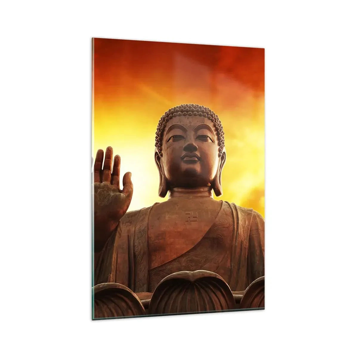 Impression sur verre - Image sur verre - Une statue de Bouddha contre un ciel de coucher de soleil doré - 80x120cm - La paix du monde - Décoration murale moderne pour le salon et la chambre ARTTOR