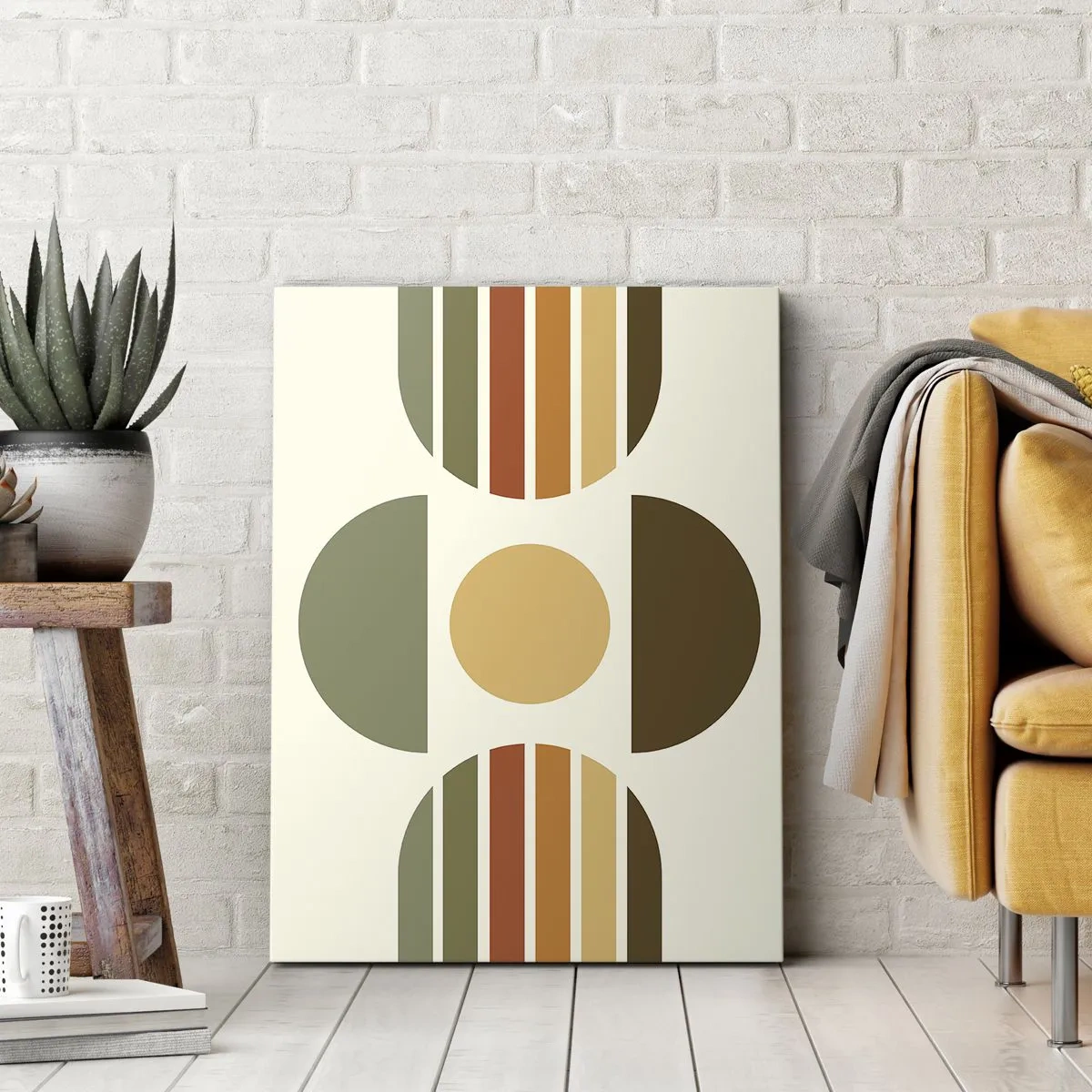 Impression sur toile - Image sur toile - Composition géométrique avec des demi-cercles et des rayures dans des tons terreux - 50x70cm - Dans les coulaurs de la terre - Décoration murale moderne pour le salon et la chambre ARTTOR