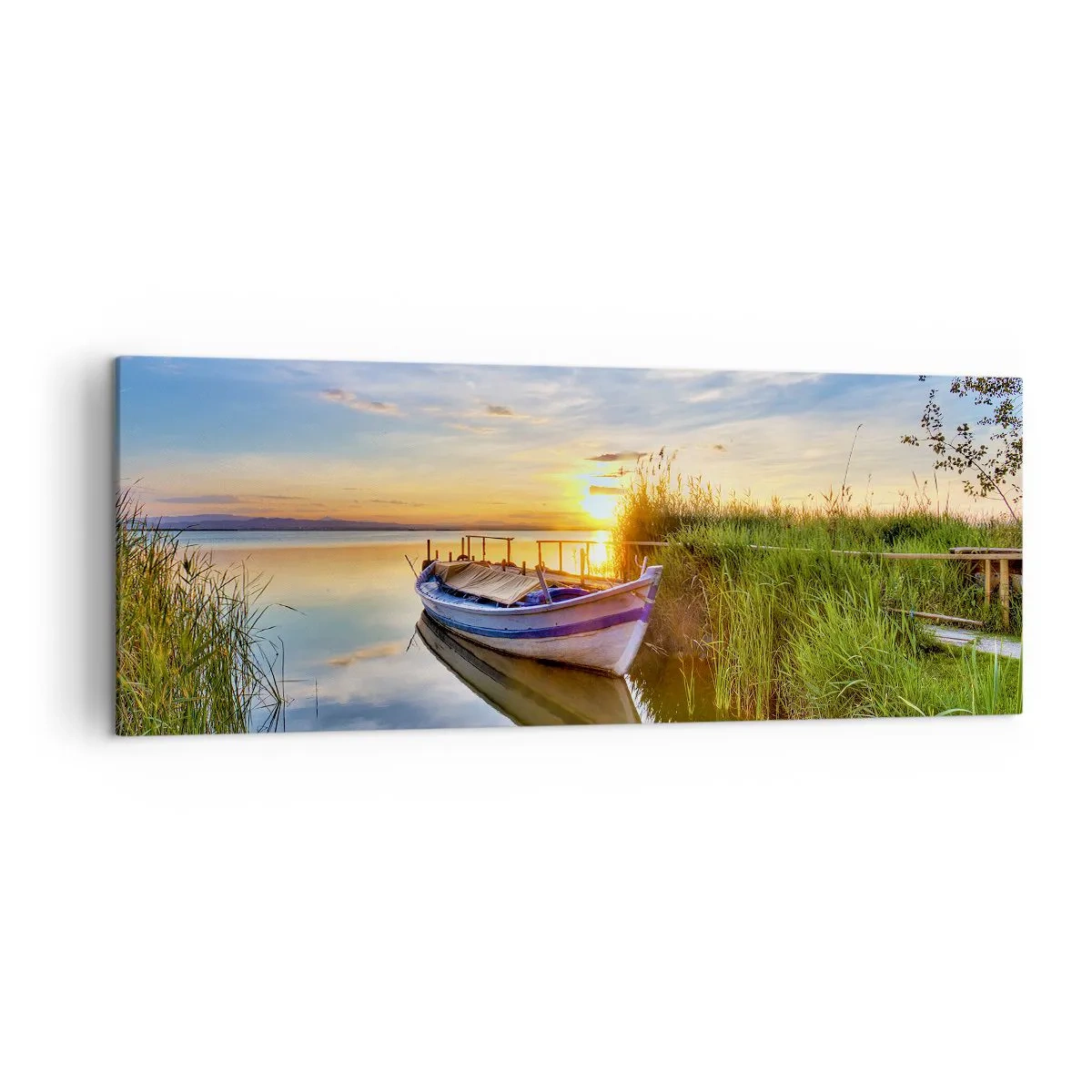 Impression sur toile - Image sur toile - Un bateau dans une baie tranquille au coucher du soleil - 140x50cm - La crique où les rêves deviennent réalité - Décoration murale moderne pour le salon et la chambre ARTTOR