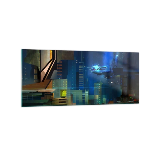Impression sur verre - Image sur verre - Ville futuriste la nuit avec des néons et un véhicule volant - 120x50cm - Dans le futur proche - Décoration murale moderne pour le salon et la chambre ARTTOR