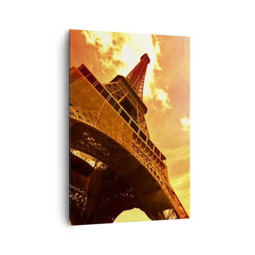 Impression sur toile - Image sur toile - La Tour Eiffel contre un ciel doré au coucher du soleil - 70x100cm - Monumental, car il est doré par le soleil - Décoration murale moderne pour le salon et la chambre ARTTOR