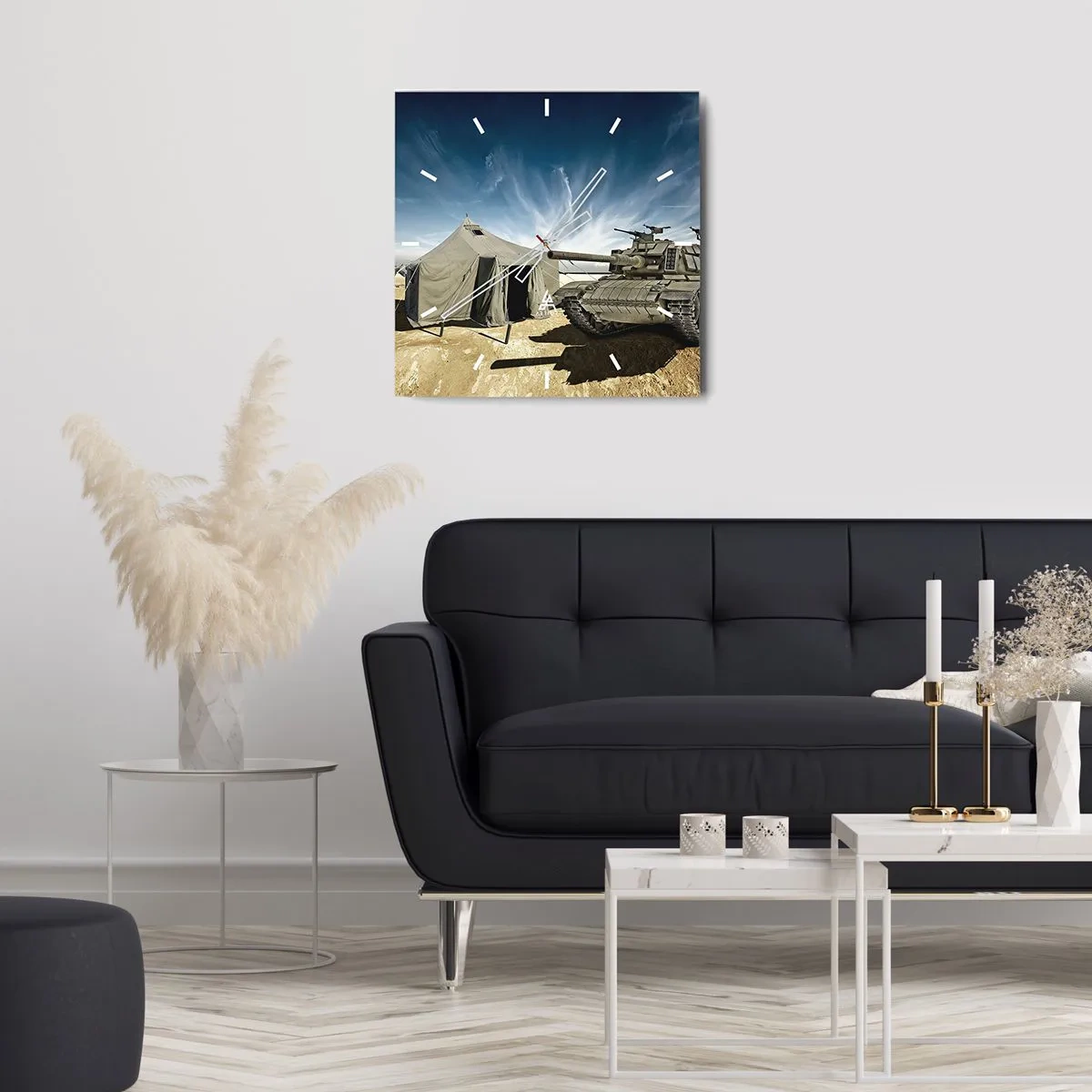 Horloge murale - Pendule murale - Un char à côté d'une tente militaire dans une zone désertique - 30x30cm - Un rêve militaire - Décoration murale moderne pour le salon et la chambre ARTTOR