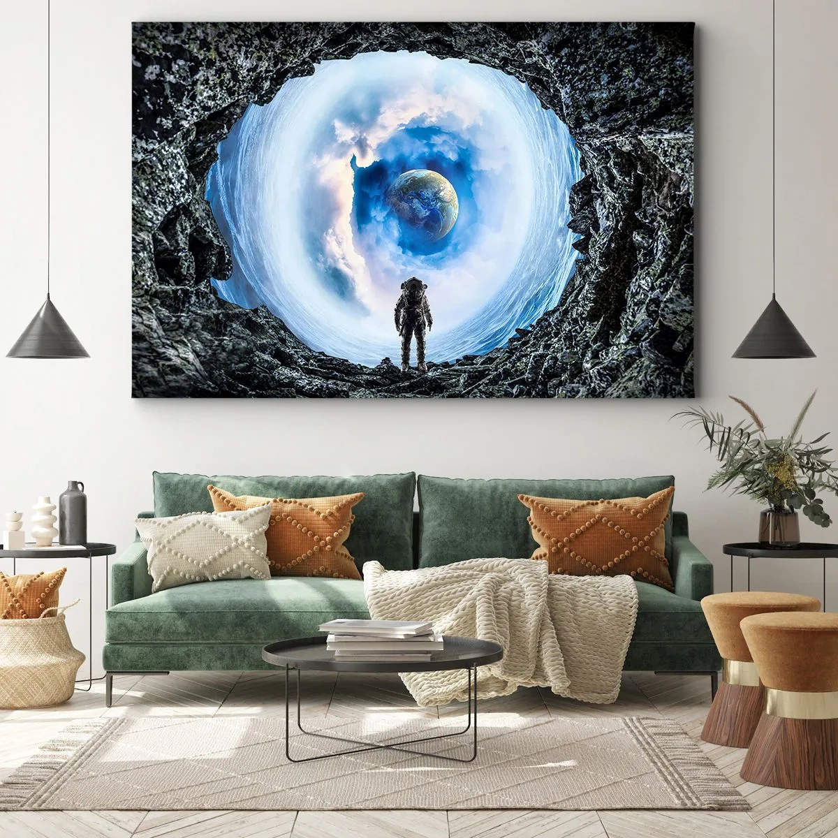 Impression sur toile - Image sur toile - Astronaute devant un paysage spatial avec la Terre en arrière-plan - 100x70cm - Plus très loin de la maison - Décoration murale moderne pour le salon et la chambre ARTTOR
