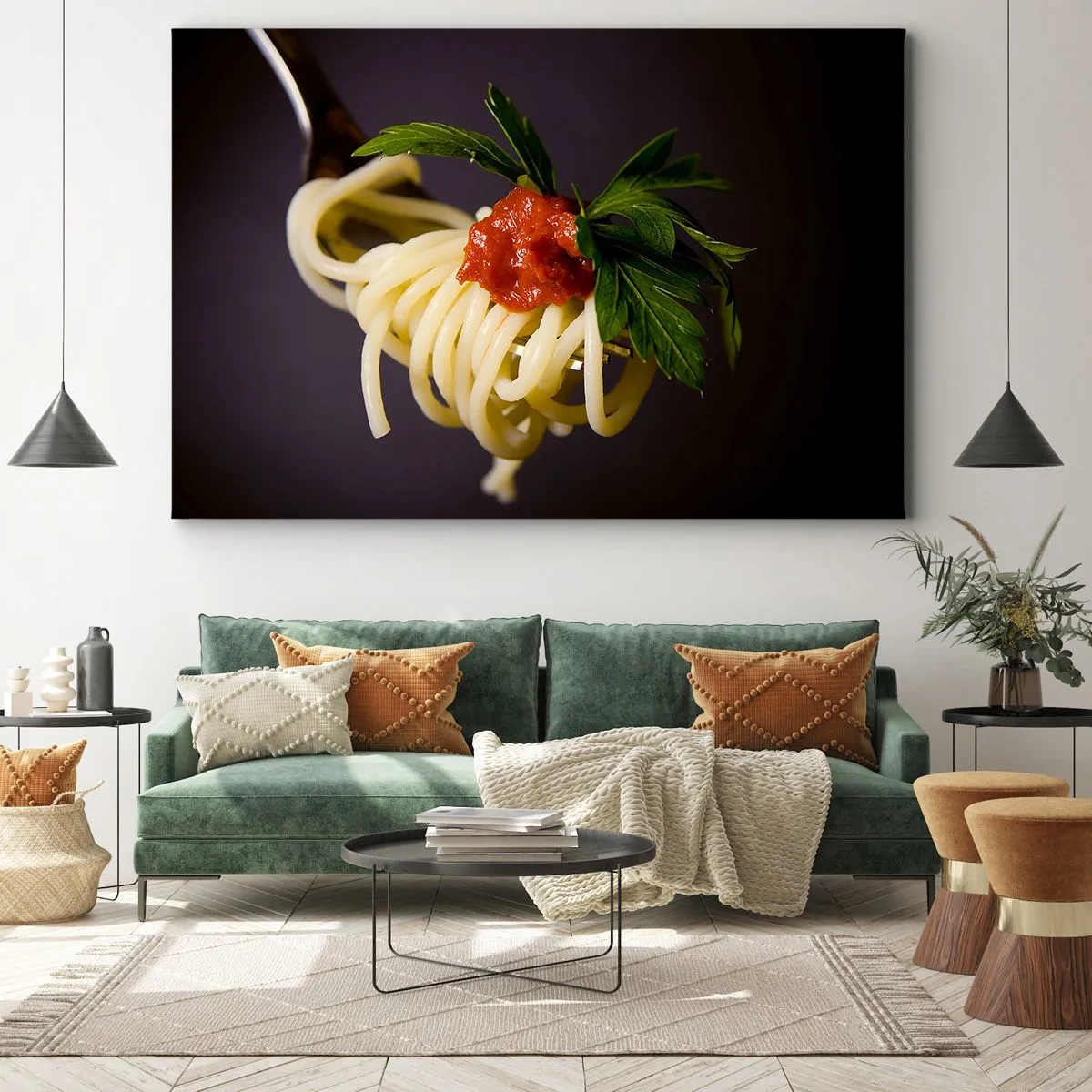 Impression sur toile - Image sur toile - Spaghettis à la fourchette avec sauce tomate et persil - 120x80cm - Une bouchée savoureuse - Décoration murale moderne pour le salon et la chambre ARTTOR