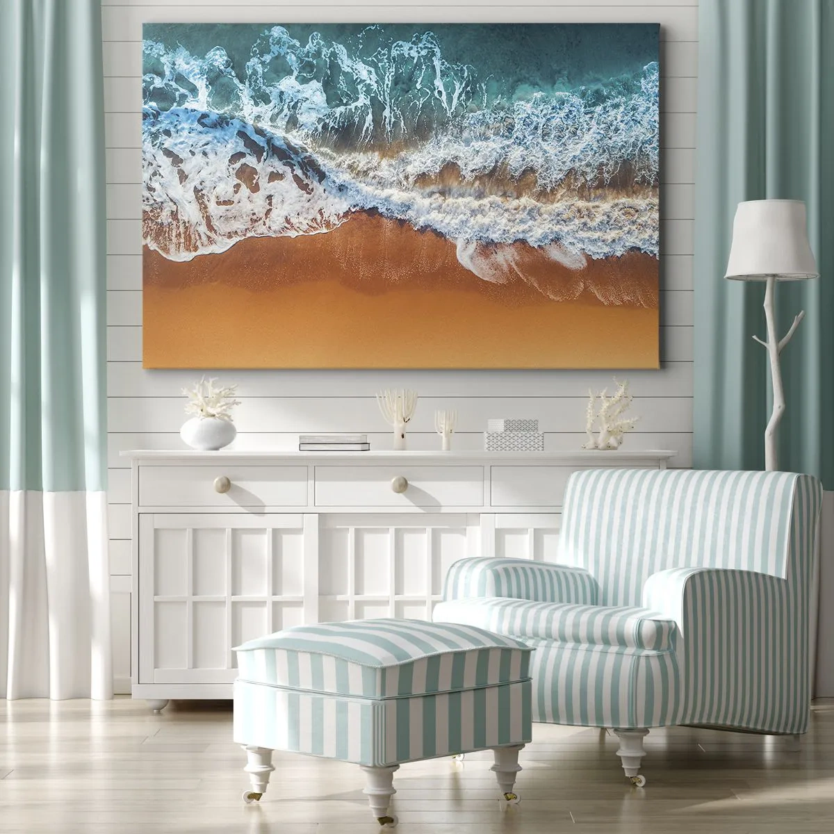 Impression sur toile - Image sur toile - Vue aérienne des vagues de l'océan s'écrasant sur le rivage - 120x80cm - Toujours ensemble - Décoration murale moderne pour le salon et la chambre ARTTOR