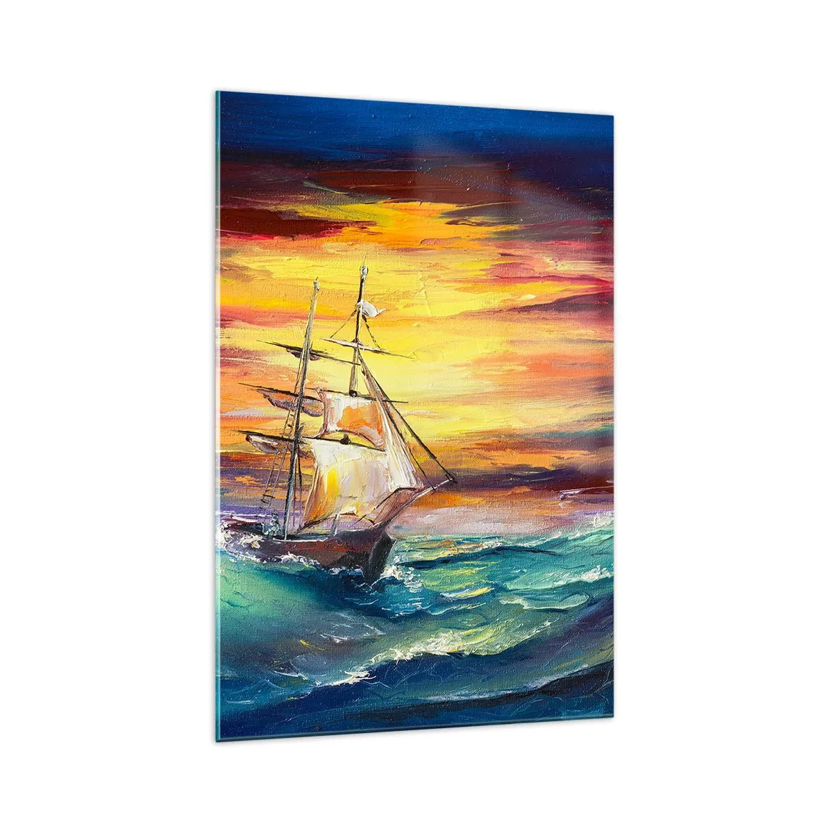 Impression sur verre - Image sur verre - Un voilier sur fond de coucher de soleil coloré - 70x100cm - Courageusement sous les vagues - Décoration murale moderne pour le salon et la chambre ARTTOR