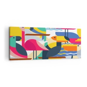 Impression sur toile - Image sur toile - Oiseaux colorés dans une composition abstraite et géométrique - 120x50cm - Fête des oiseaux - Décoration murale moderne pour le salon et la chambre ARTTOR