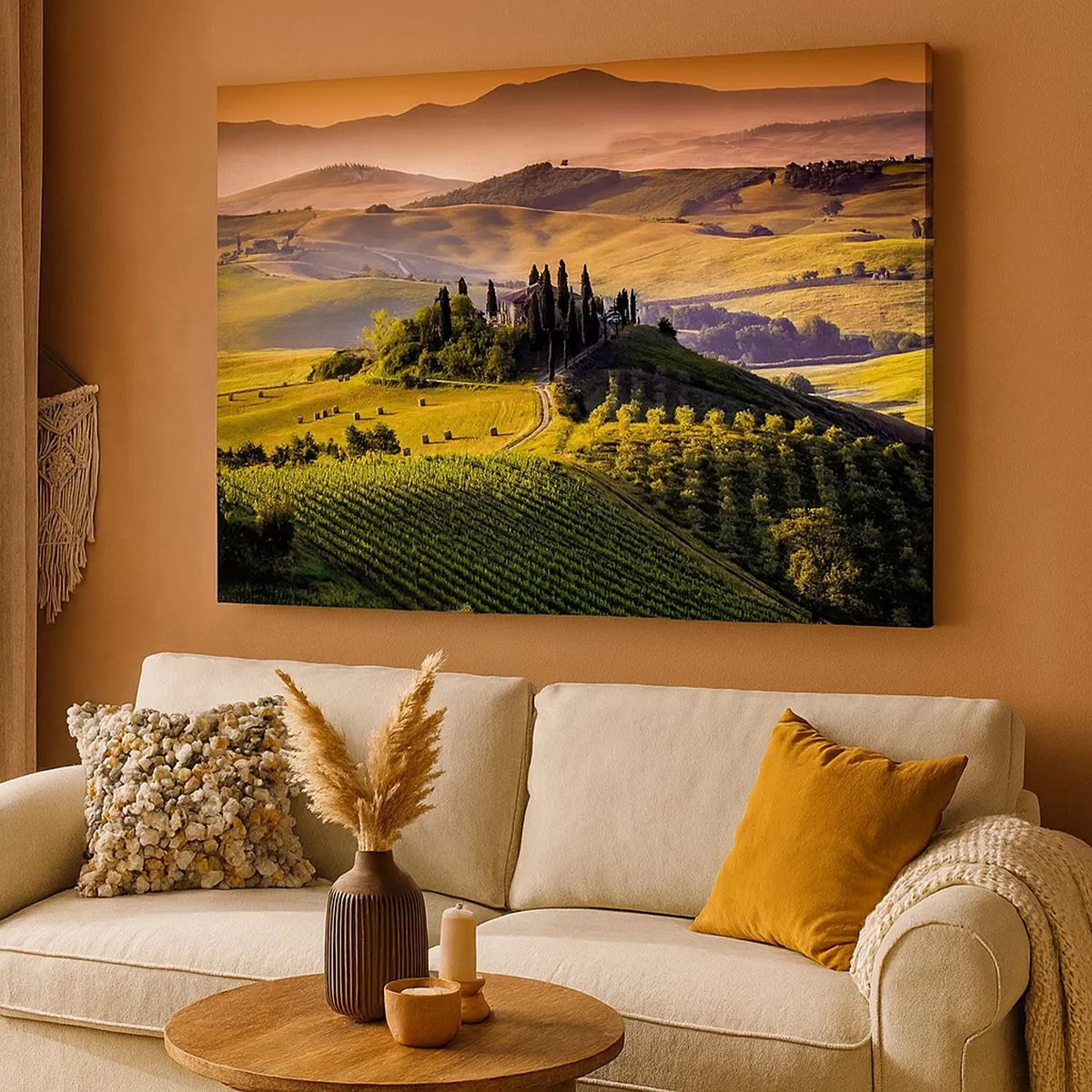 Impression sur toile - Image sur toile - Paysage toscan avec des vignes et une maison sur une colline - 70x50cm - Arcadie - le paysage toscan - Décoration murale moderne pour le salon et la chambre ARTTOR