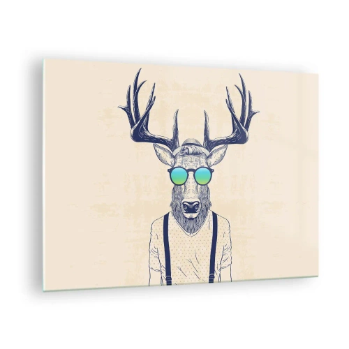 Impression sur verre - Image sur verre - Un cerf élégant portant des lunettes de soleil sur un fond clair - 70x50cm - A qui vous attendiez-vous ? - Décoration murale moderne pour le salon et la chambre ARTTOR