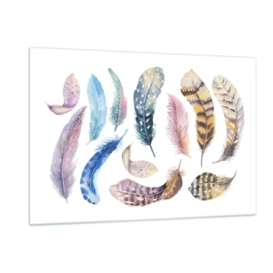Impression sur verre - Image sur verre - Plumes colorées dans un style artistique sur fond blanc - 120x80cm - Léger, bariolé et multicolore - Décoration murale moderne pour le salon et la chambre ARTTOR
