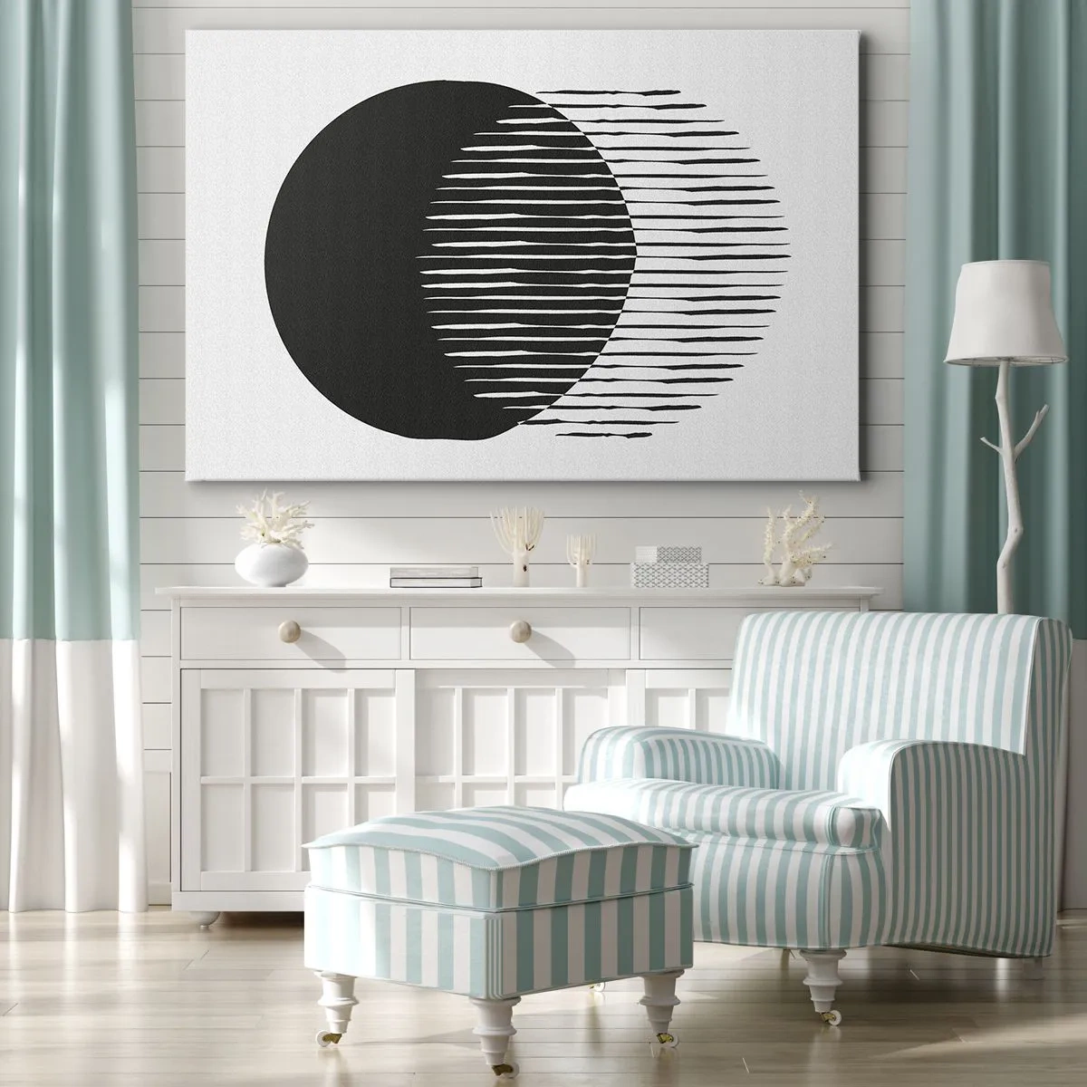 Impression sur toile - Image sur toile - Deux cercles superposés avec des lignes noires et blanches - 120x80cm - Son alter ego - Décoration murale moderne pour le salon et la chambre ARTTOR