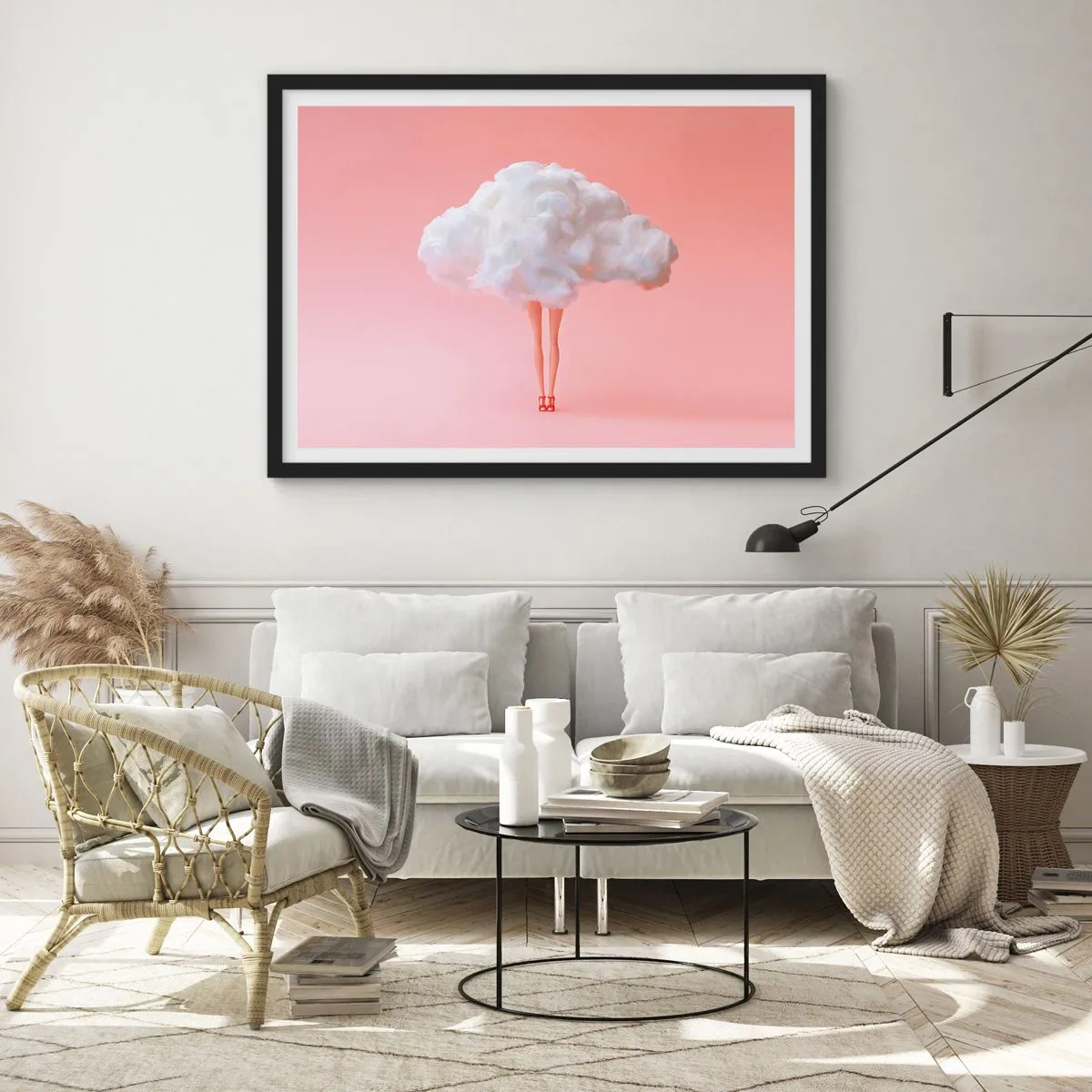 Affiche dans un cadre noir - Poster - Jambes dans un nuage sur fond rose - 70x50cm - Douce promesse - Décoration murale moderne pour le salon et la chambre ARTTOR