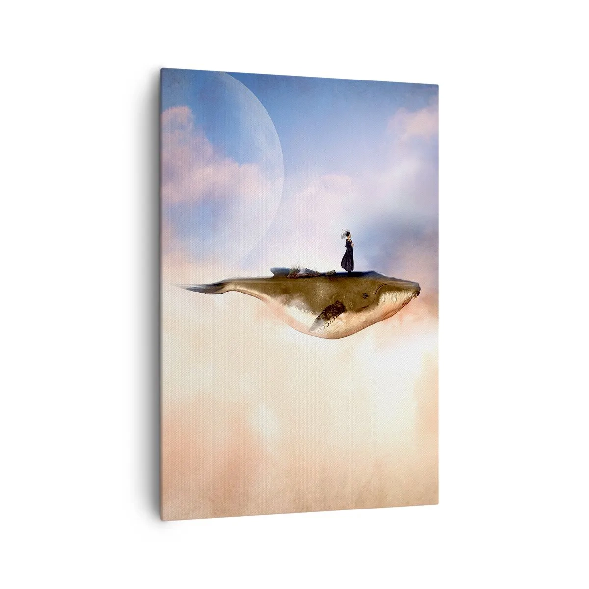 Impression sur toile - Image sur toile - Une scène fantastique d'une femme sur une baleine parmi les nuages - 70x100cm - Voyage irréel - Décoration murale moderne pour le salon et la chambre ARTTOR