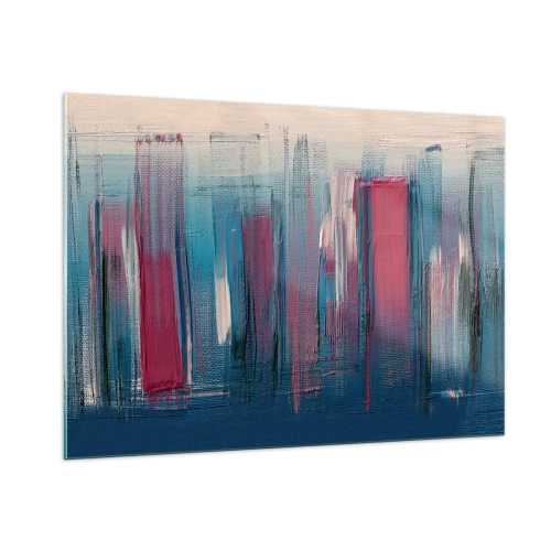 Impression sur verre - Image sur verre - Coups de pinceau verticaux en rouge et bleu sur fond beige - 100x70cm - Composition verticale en bleu et rouge - Décoration murale moderne pour le salon et la chambre ARTTOR