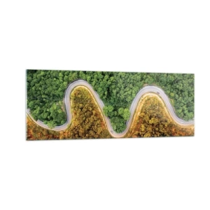 Impression sur verre - Image sur verre - Une route sinueuse à travers la forêt vue à vol d'oiseau - 140x50cm - Frontieres et differences - Décoration murale moderne pour le salon et la chambre ARTTOR