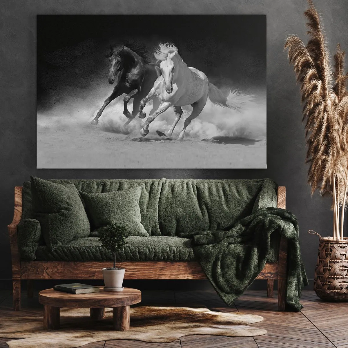 Impression sur toile - Image sur toile - Chevaux au galop en noir et blanc - 100x70cm - Galop de la liberté - Décoration murale moderne pour le salon et la chambre ARTTOR