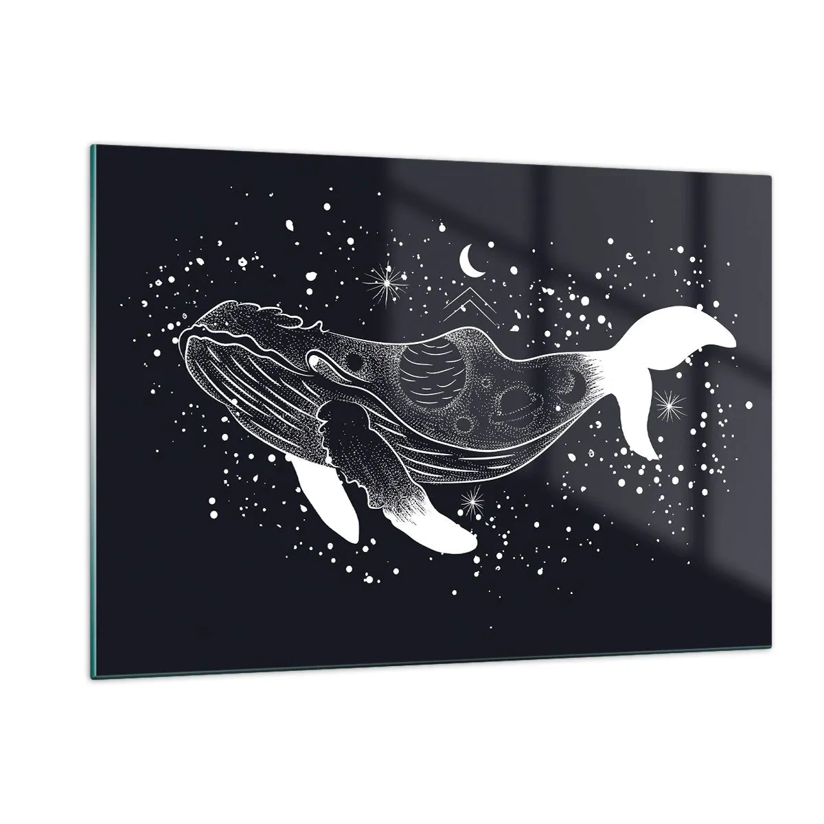Impression sur verre - Image sur verre - Silhouette blanche graphique d'une baleine flottant dans l'espace - 120x80cm - Dans l'océan de l'univers - Décoration murale moderne pour le salon et la chambre ARTTOR